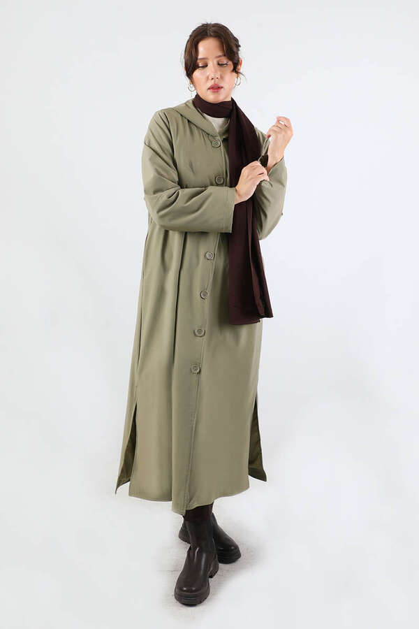 Kapüşonlu Uzun Trençkot Haki 