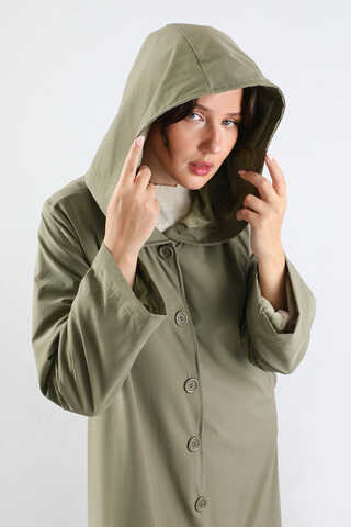 Kapüşonlu Uzun Trençkot Haki - 4