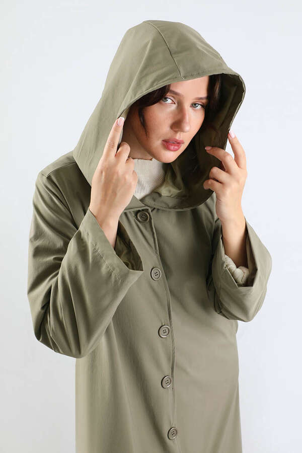 Kapüşonlu Uzun Trençkot Haki - 4