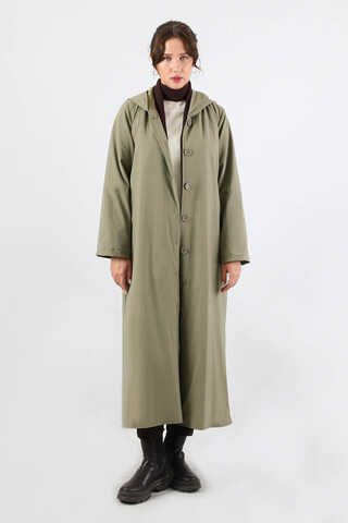 Kapüşonlu Uzun Trençkot Haki - 3