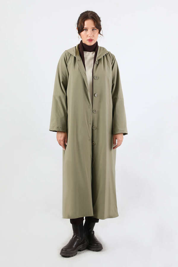 Kapüşonlu Uzun Trençkot Haki - 3