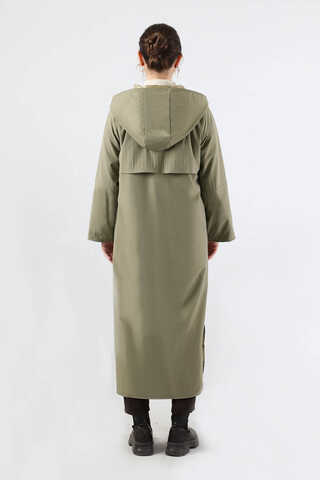Kapüşonlu Uzun Trençkot Haki - 6