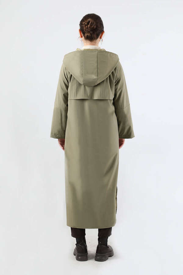 Kapüşonlu Uzun Trençkot Haki - 6