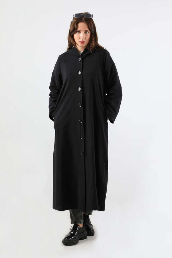 Kapüşonlu Uzun Trençkot Siyah - 3