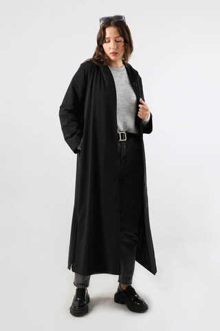 Kapüşonlu Uzun Trençkot Siyah - 5