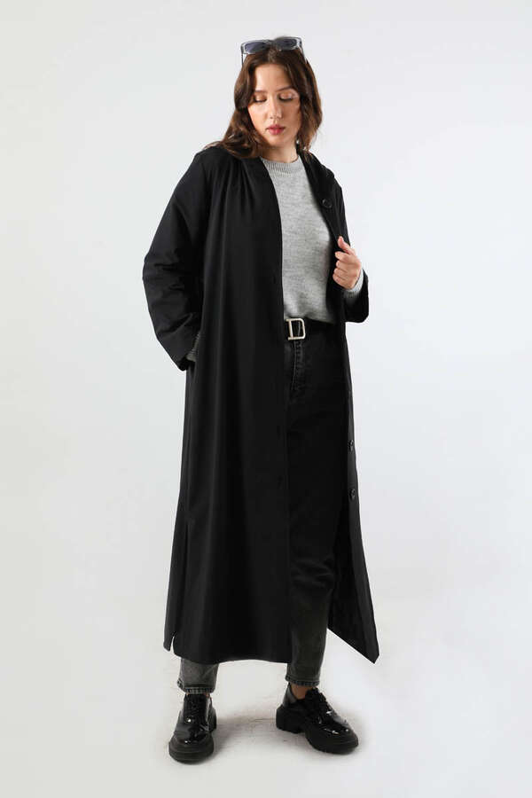Kapüşonlu Uzun Trençkot Siyah - 5