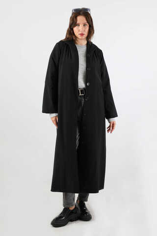 Kapüşonlu Uzun Trençkot Siyah - 1