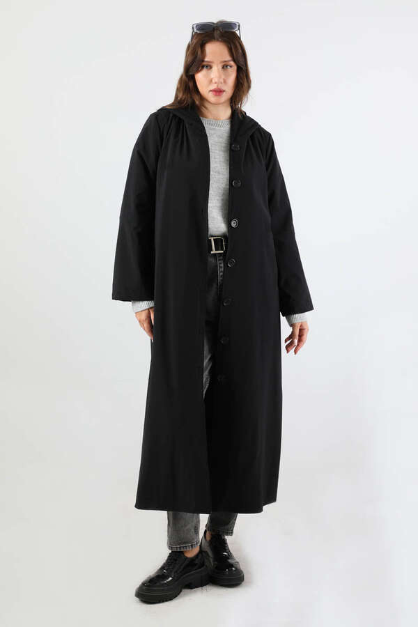 Kapüşonlu Uzun Trençkot Siyah - 1
