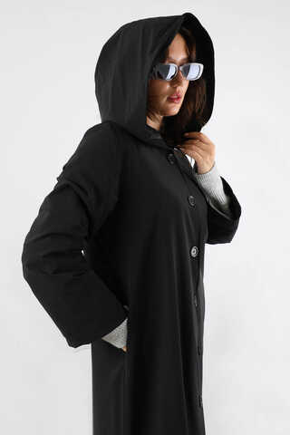 Kapüşonlu Uzun Trençkot Siyah - 2