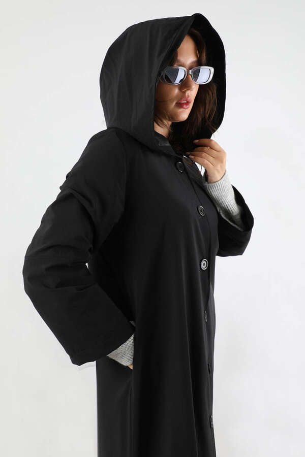 Kapüşonlu Uzun Trençkot Siyah - 2