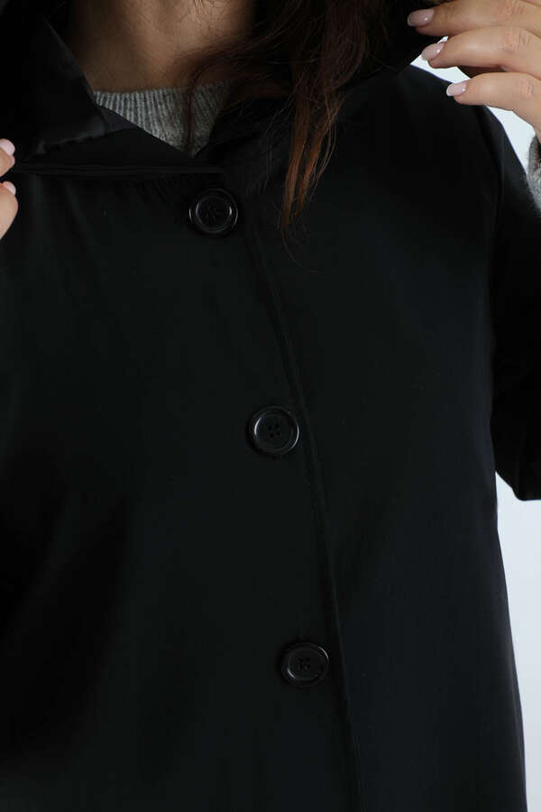 Kapüşonlu Uzun Trençkot Siyah - 4