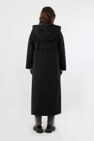 Kapüşonlu Uzun Trençkot Siyah - 6