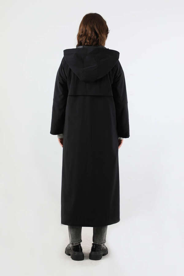 Kapüşonlu Uzun Trençkot Siyah - 6