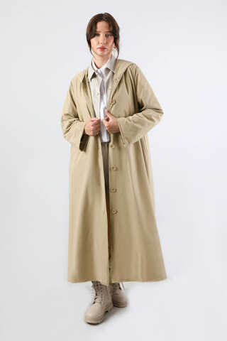 Kapüşonlu Uzun Trençkot Taş - 1