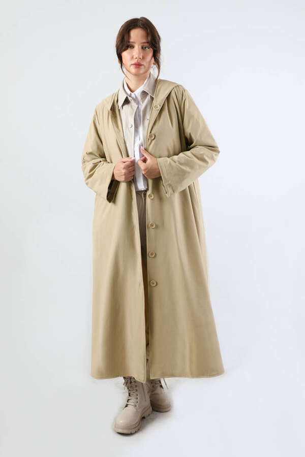 Kapüşonlu Uzun Trençkot Taş - 1