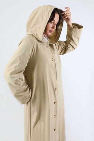 Kapüşonlu Uzun Trençkot Taş - 2