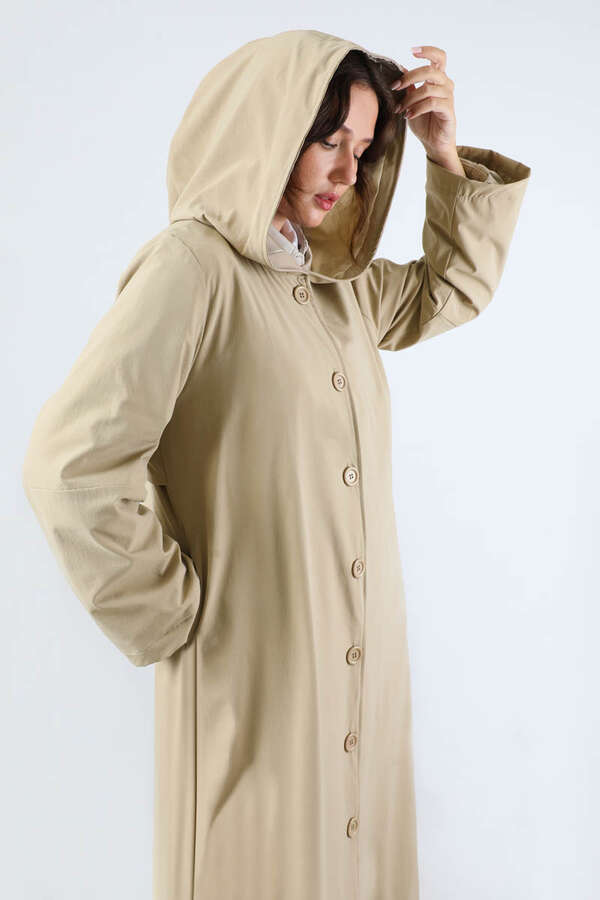 Kapüşonlu Uzun Trençkot Taş - 2