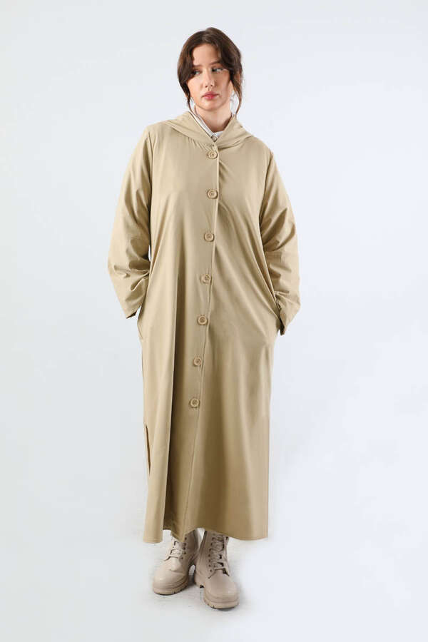 Kapüşonlu Uzun Trençkot Taş - 3