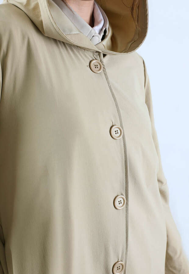 Kapüşonlu Uzun Trençkot Taş - 4