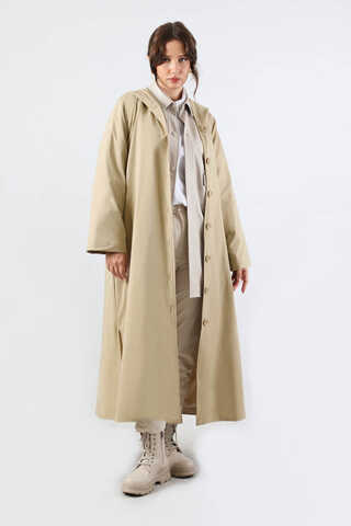 Kapüşonlu Uzun Trençkot Taş - 5