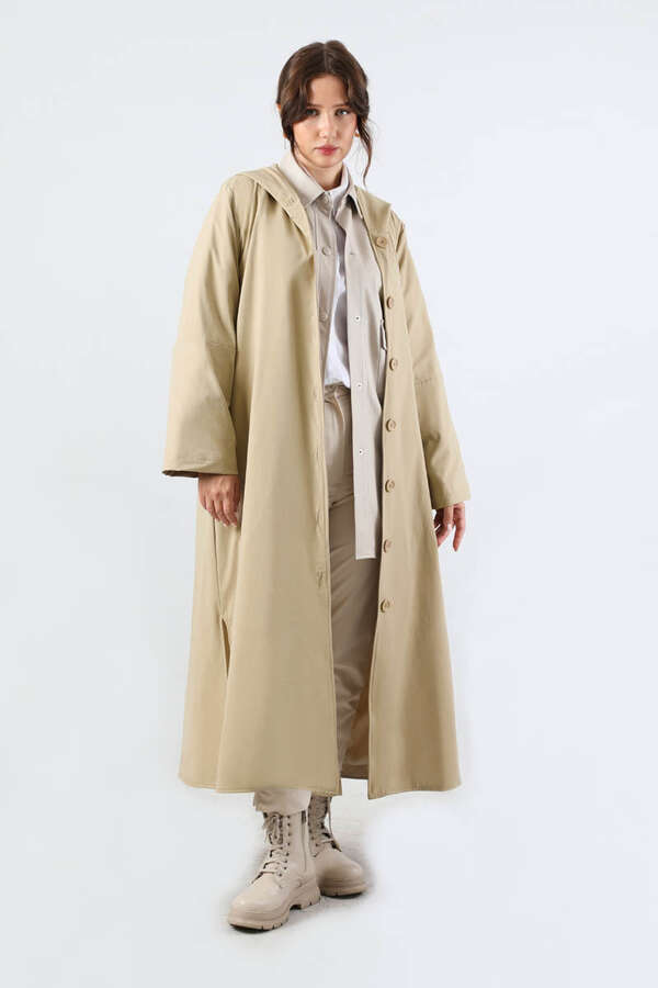 Kapüşonlu Uzun Trençkot Taş - 5