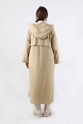 Kapüşonlu Uzun Trençkot Taş - 6