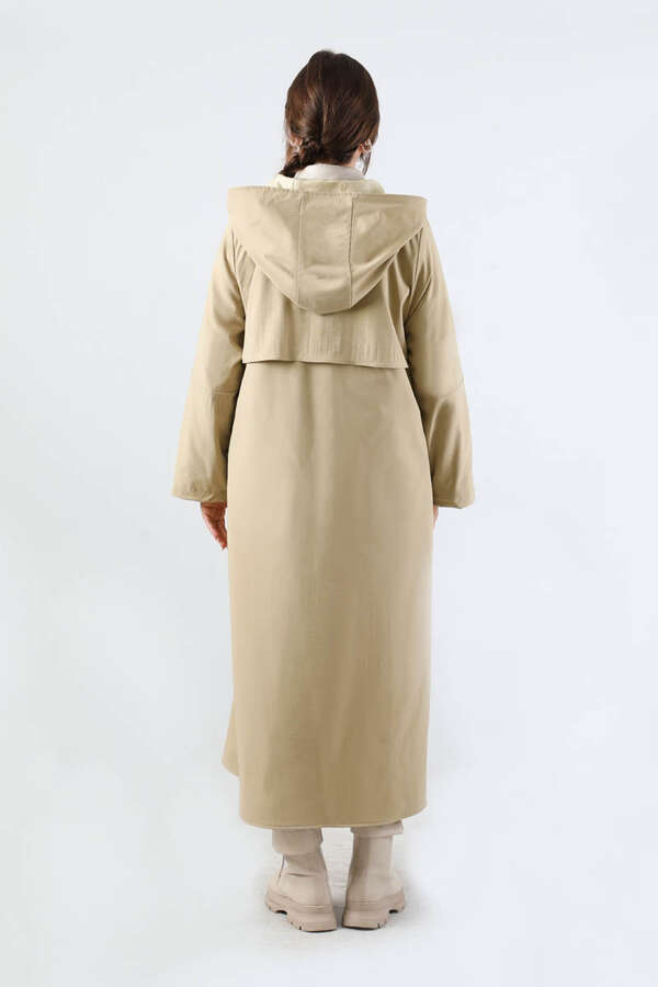 Kapüşonlu Uzun Trençkot Taş - 6