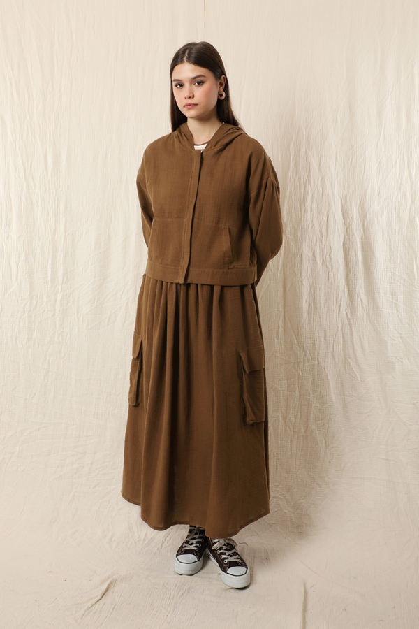 Kargo Cep Müslin Etek Takım Kahverengi - 3