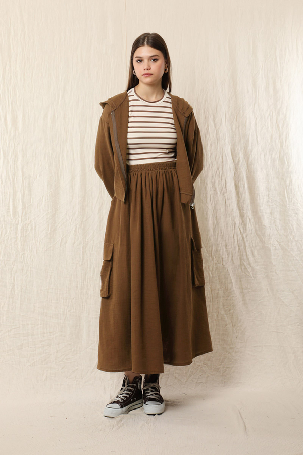 Kargo Cep Müslin Etek Takım Kahverengi - 5