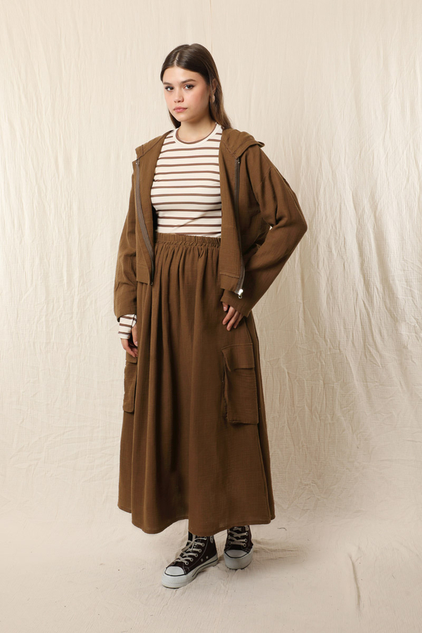 Kargo Cep Müslin Etek Takım Kahverengi - 2