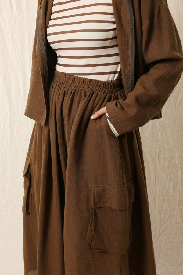 Kargo Cep Müslin Etek Takım Kahverengi - 1