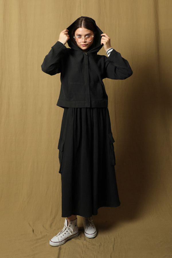 Kargo Cep Müslin Etek Takım Siyah - 5