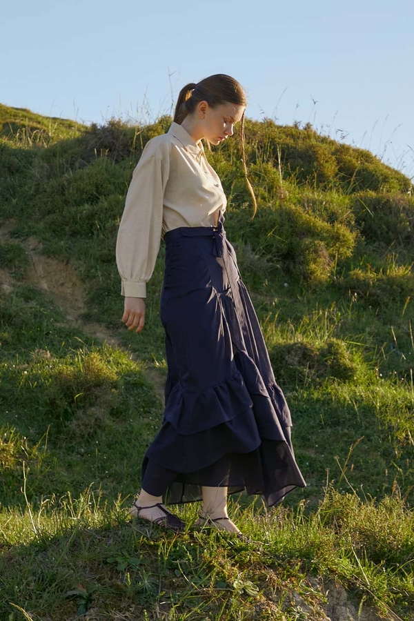 Katlı Büzgülü Etek Lacivert - 4