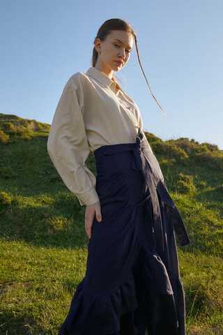 Katlı Büzgülü Etek Lacivert - 6