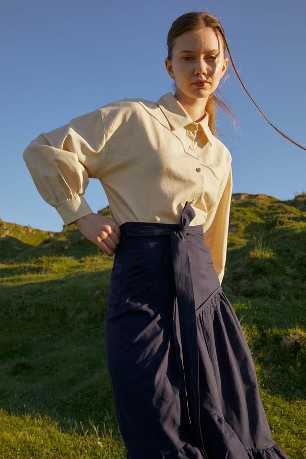 Katlı Büzgülü Etek Lacivert - 7