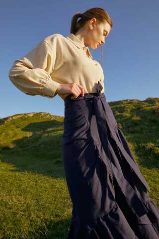 Katlı Büzgülü Etek Lacivert - 9