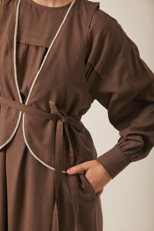 Kayra Yelekli Elbise Takım Kahverengi - 8