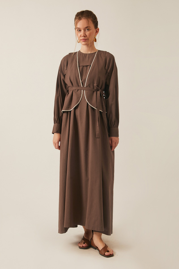 Kayra Yelekli Elbise Takım Kahverengi - 5