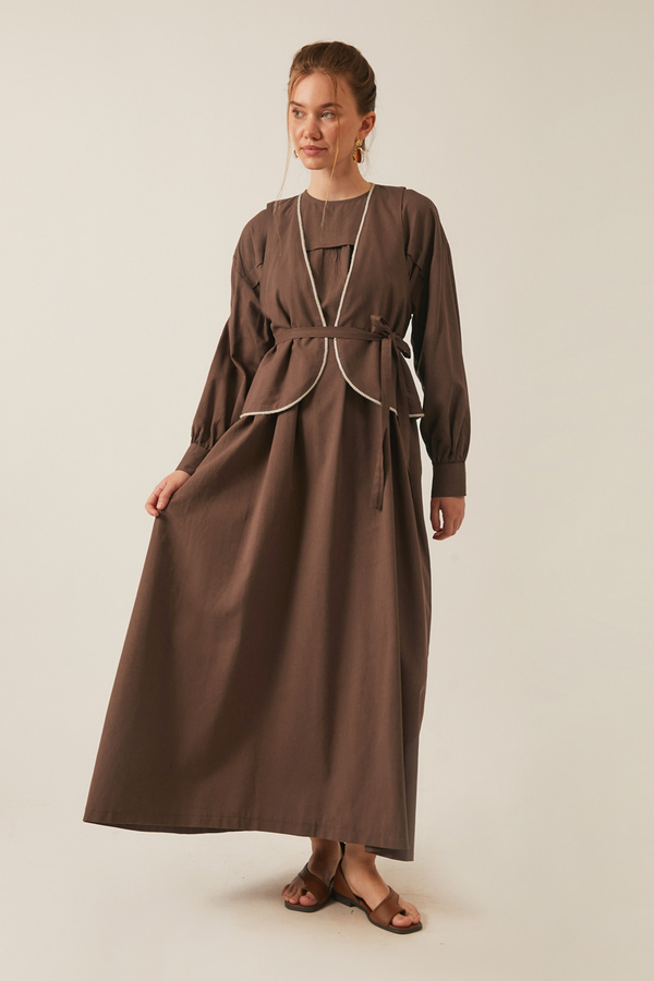 Kayra Yelekli Elbise Takım Kahverengi - 6