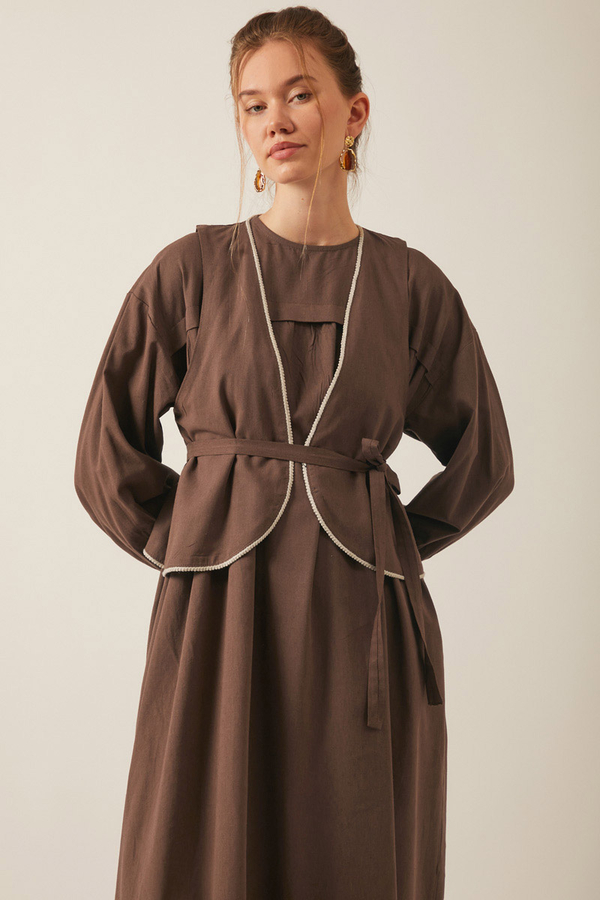 Kayra Yelekli Elbise Takım Kahverengi 