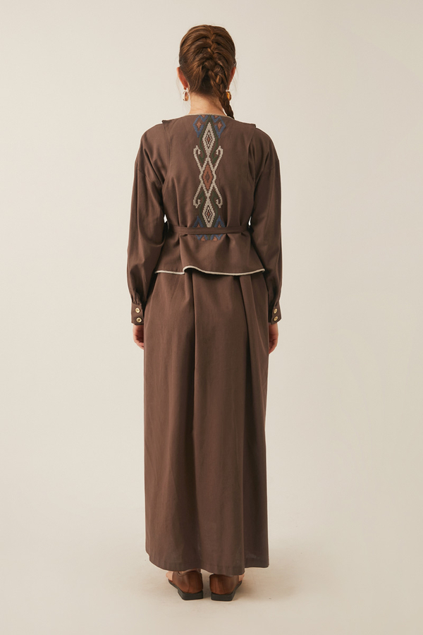 Kayra Yelekli Elbise Takım Kahverengi - 7