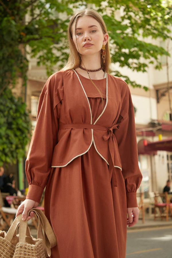 Kayra Yelekli Elbise Takım Kiremit - 5