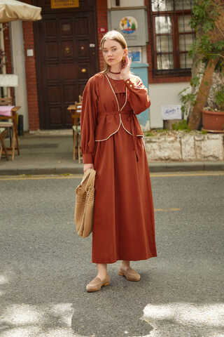 Kayra Yelekli Elbise Takım Kiremit - 9