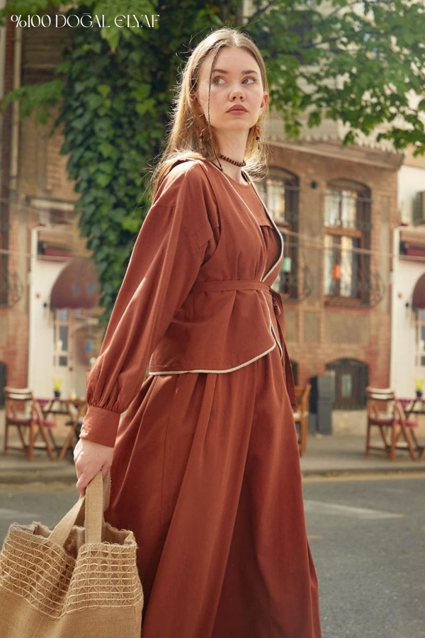 Kayra Yelekli Elbise Takım Kiremit - 1