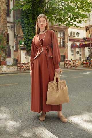 Kayra Yelekli Elbise Takım Kiremit - 4