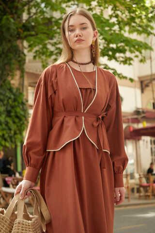 Kayra Yelekli Elbise Takım Kiremit - 5