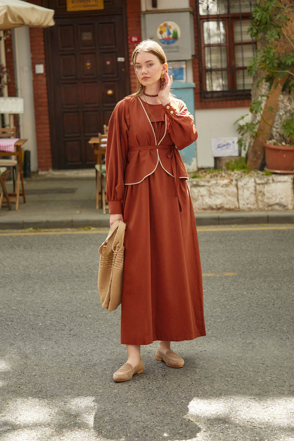 Kayra Yelekli Elbise Takım Kiremit - 9