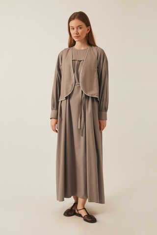 Kayra Yelekli Elbise Takım Vizon - 5