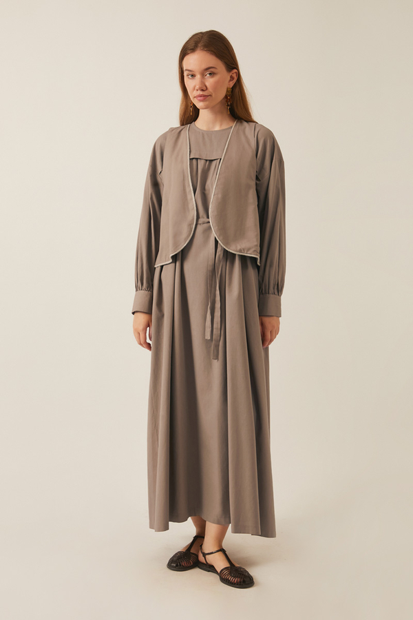 Kayra Yelekli Elbise Takım Vizon - 5