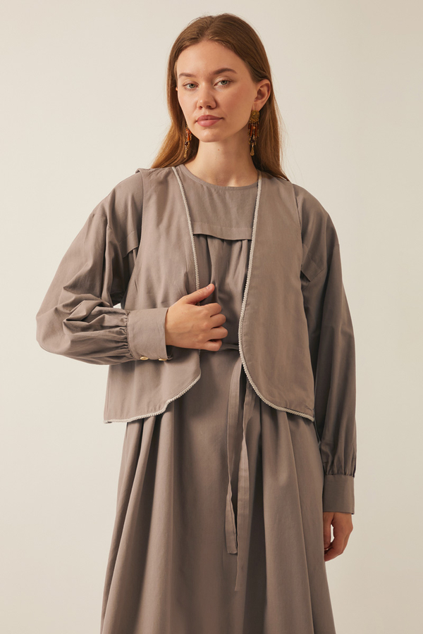 Kayra Yelekli Elbise Takım Vizon - 6